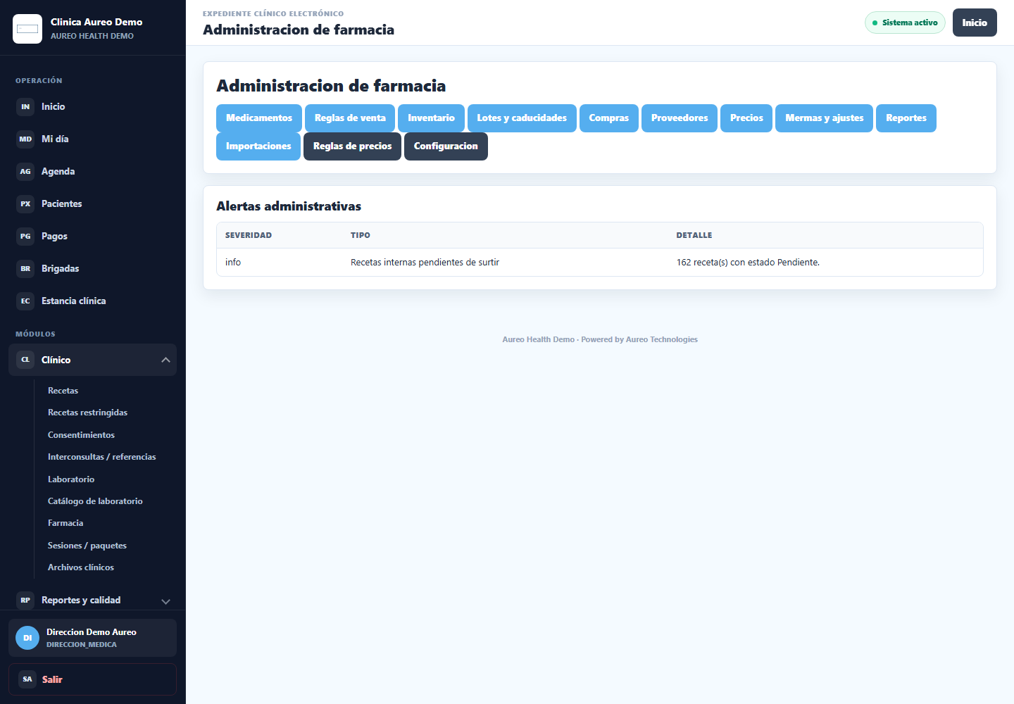 Captura real de Aureo Health - Administración